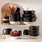 HASENSE Ceramic Soup Bowls and Cereal Bowls, 20 OZ Bowls for Kitchen Set of 6, Stackable Bowls Set for Ramem, Salad, Oatmeal, Rice, Snack, Dishwasher Microwave Safe, Black