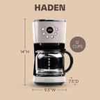 Haden 12-Cup Programmable Coffee Maker for Home or Office, Putty & Chrome – Drip Brewer Machine with Brew Strength, Delay Brewing, Auto Shut-Off and Reusable Washable Water Filter