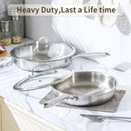 DELARLO Tri-Ply Stainless Steel Pan, 12 inch Frying Pan with Lid, Compatible with All Cooktops Up to 600℉, Fast & Even Heat, Skillet, Induction Cookware, Cooking Pan, Stir Fry Pan, Dishwasher Safe