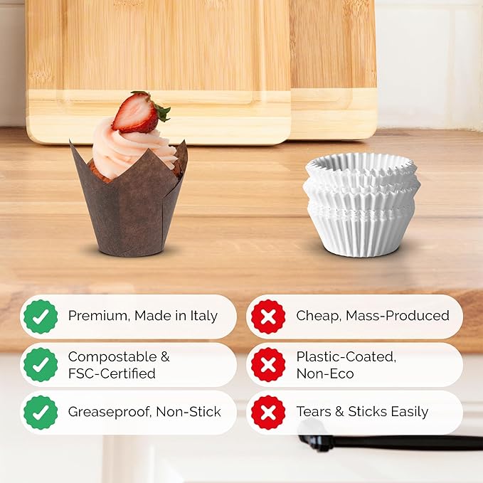 Tulip Cupcake & Muffin Liners – 50gsm XL Floral Baking Cups – 200 Pcs Natural & Non Toxic Paper Wrappers for Wedding, Bakery, & Party Supplies, Brown, by BHI Packaging