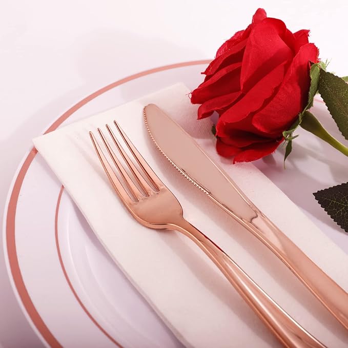 WDF 300 Pieces Rose Gold Plastic Silverware- Disposable Flatware Set - Heavy Duty Plastic Cutlery Includes 100 Forks, 100 Spoons, 100 Knives Perfect for Wedding, Party