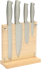 Oster Baldwyn 5-Piece Stainless Steel Knife Block Set with Wood Magnetic Stand – Countertop Display & Knife-Safe Storage