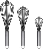 TEEVEA Silicone Whisk Set of 3 Non Scratch Non Stick Silicone Coated Stainless Steel Wire Whisks Heat Resistant 480°F Kitchen Wisk for Cooking Blending Whisking Tool Black