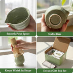 Matcha Whisk Set - Ceramic Matcha Set Includes Matcha Bowl, Whisk and Holder, Bamboo Scoop, Scoop Rest, Sifter and Tea Towel - 7 Pcs Ceremonial Gift Kit for Matcha Lovers (Pure Green)