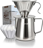 AGOGO Compact Portable Pour Over Coffee Maker Set - Easy Cleaning 304 Stainless Steel Dripper Set for Camping & 50 Filters Paper & Cleaning Rag (Silvery, 600ml)