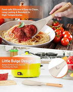 Cooking Spoon for Nonstick Cookwares, Great for Cooking and Serving Sturdy BPA-Free Matte Silicone, Wood Handle Spoon for Mixing, Scoop, and Scrape (2 Pack of Khaki, 11.4 inch)