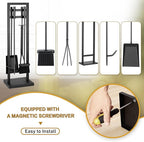 FEED GARDEN Fireplace Tools Set 5 Pieces, 30 Inch Modern Wrought Iron Outdoor Fireplace Accessories Set Long Holder Indoor with Poker, Tongs, Shovel, Brush, Base Black
