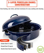 Roasting Pan with Lid and Rack 18" Dark Blue and White Speckled Design Large Oval Enamel Roast pan,Perfect for Thanksgiving Christmas Parties and Dinner Gatherings with Mesh Frame Gift Packaging