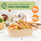 100 Piece (50 Pack) Meal Prep Containers with Lids, 28 oz Cornstarch Food Storage Containers Plant-based Lunch Box for Salad,BPA Free Plastic Take Out Containers Microwave and Freezer Safe