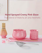 ZENS Pink Matcha Set, 7pcs Matcha Whisk Set Includes 15oz Ceramic Bowl and Cup for Bamboo Whisk, (Chasen Holder), Scoop, 304 Sifter and Tea Mat, Pink Matcha Kit for Matcha Lovers
