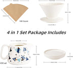 Pour Over Coffee Maker, Ceramic Coffee dripper with 100 pcs V60 Paper Filter, Ceramic coffee Server with Lid, 15.5oz/450 ml, Suitable for 1-2 people (White A)
