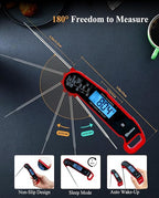 Wisebee Meat Thermometer Digital, 0.5 Sec Instant Read Waterproof Food Thermometer with 180°Auto-Rotate Backlit Display | Anti-Slip Handle | Magnetic Back | Hold Function for Cooking, Red