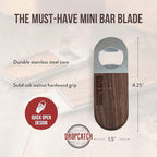Dropcatch Handheld Bar Blade Bottle Opener | Flat Beer Cap Bottle Opener | Durable Bartender or Home Tool | Heavy Duty Stainless Steel & Walnut Finish | Mini 4.25” x 1.5”