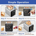 Touch screen Toaster 2 slice, Smart Digital Toasters, 6 Browning Levels & 6 Bread Types, Bagel Memory Function, Timer, Stainless Steel, 800W
