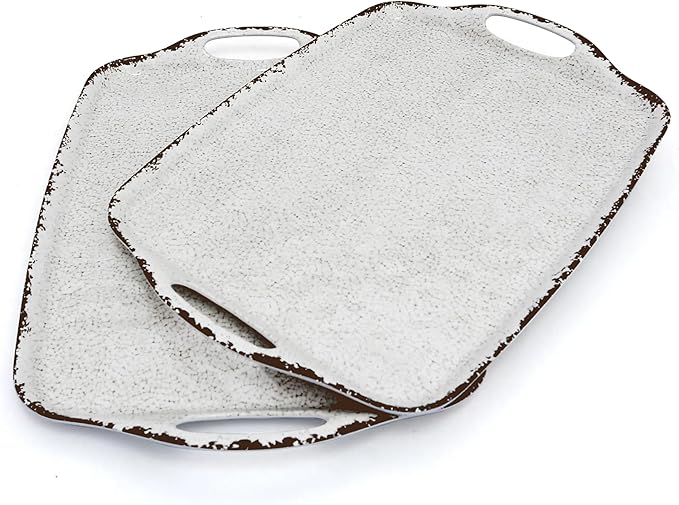 TP Serving Trays with Handles, 19 Inche Large Rectangular Melamine Serving Platter Set of 2, Rustic White