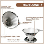 Pour Over Coffee Dripper Stainless Steel Coffee Filter Metal Cone Filter Extra Fine Wire Mesh Reusable Coffee Filter Coffee Maker (Silver, 1-6 Cups)