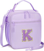 Initial Insulated Lunch Bag for Girls Kids, Back to School Gift, Reusable Leak-proof Lunch Box with Adjustable Strap for School Daycare Travel Picnic (Purple,K)