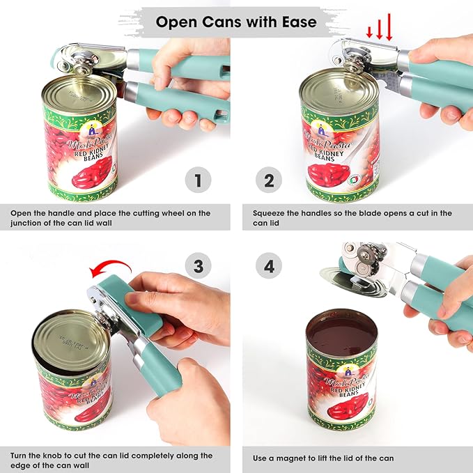 Beneno Heavy Duty Hand Can Opener Manual with Magnet, Durable Sharp Carbon Steel Blade Smooth Cutting, Big Effort-Saving Knob & Soft Grip Handle, Multifunctional Kitchen Tool with Bottle Opener, Mint