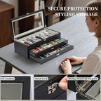 AUTOARK 3-Tier PU Leather & Velvet Knife Organizer with 26 Slots,Transparent Glass Top & Drawer,Compact Storage for Pocket Knives,Ideal for Men's Collections & Gifts,Black,MKAW016