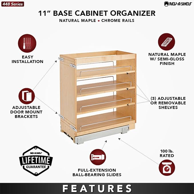 Rev-A-Shelf 11" Pullout Kitchen Cabinet Storage Organizer Slide Out Pantry Spice Rack with Adjustable Shelves for 11.5" W Cabinet Opening, 448-BC-11C