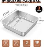 LIANYU 9 x 9 Inch Square Baking Cake Pan Set of 3, Stainless Steel Brownie Bread Cake Molds, Square Bakeware for Lasagna Pie, Oven & Dishwasher Safe