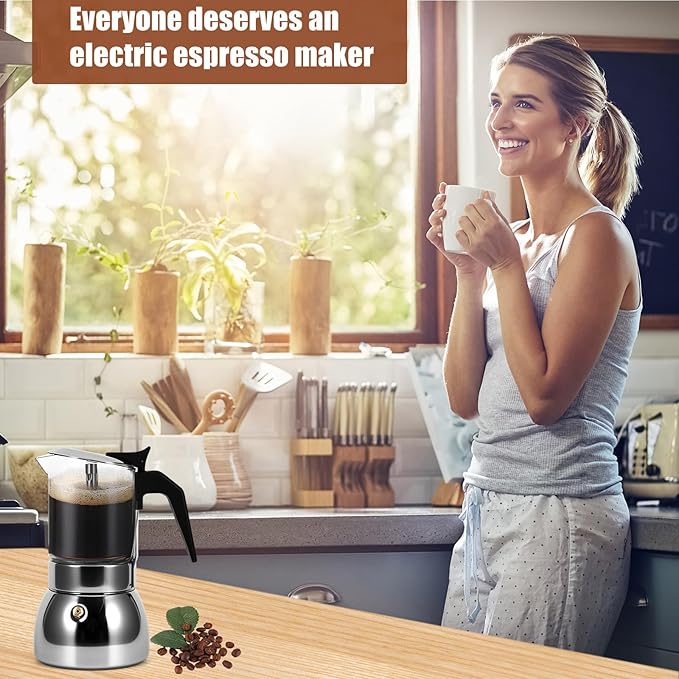 Stovetop Espresso Maker, 4Cup 200ML Stainless Steel Stovetop Italian Coffee Maker Transparent Glass Moka Pot, Coffee Maker Mocha Pot for Home Cafe Outdoor Office