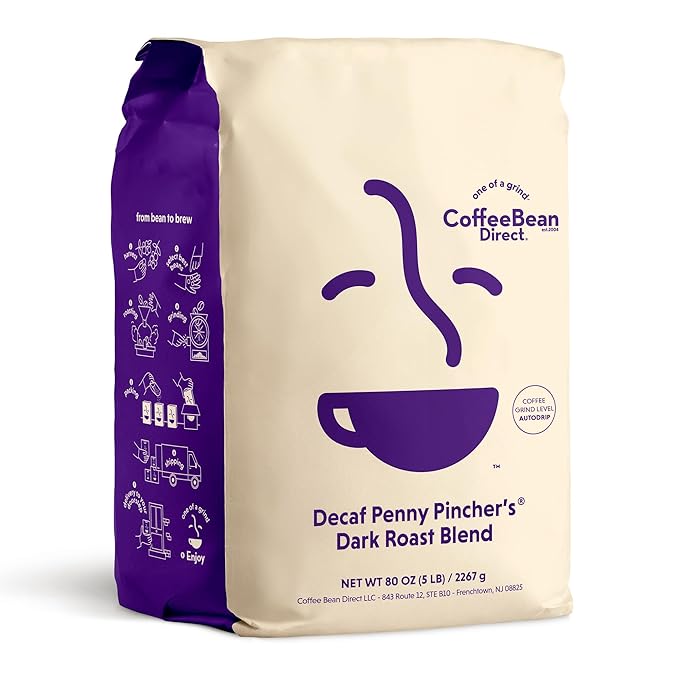 Coffee Bean Direct Decaf Penny Pincher's® Dark Roast Blend, Ground Coffee, Dark Roast, 5 Pound Bag (Pack of 1)