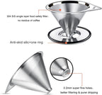LHS Pour Over Coffee Dripper Stainless Steel Coffee Filter Metal Cone Filter Paperless Reusable Coffee Filter Single Cup Coffee Maker 1-4 Cup With Non-slip Cup Stand and Cleaning Brush