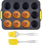 Silicone Muffin Pan for Baking with Metal Reinforced Frame，Foldable Cupcake Pan 12 Cups for Baking Homemade Muffins,Nonstick Cupcake Baking Pan Molds for Oven Dishwasher Safe With Brush and scraper
