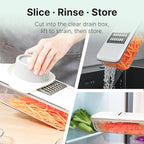 Multifunctional Handheld Mandoline Slicer for Kitchen with Drain Box – 6 Interchangeable Blades, Safety Guard, Vegetable/Cucumber Slicer for Salad Meal Prep, Easy to Clean, Compact Storage