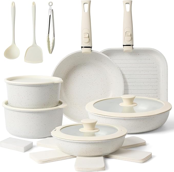 20 Pcs Pots and Pans Set Non Stick, Ceramic Cookware Set Detachable Handle, RV Kitchen Cooking Set Removable Handles, Oven Safe, Induction ReadyStackable Non-stick set Cream White