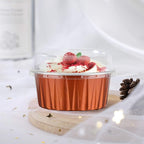 EUSOAR Dessert Cups With Lids, 5 OZ 100pcs Baking Cups with Lids,125ml Snacks Desserts Flan, Recyclable Economical Catering Gathering Club Shower Wedding Party Favor Baking Cups-Caramel