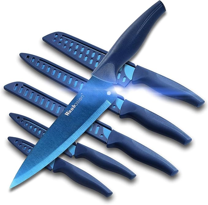 Wanbasion Blue Professional Kitchen Knife Chef Set, Stainless Steel, Dishwasher Safe with Sheathes