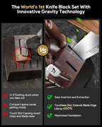 Knife Set, New 15° Beveled Easy Insert, 15 Pcs Kitchen Knife Block Set with Block and Sharpener, German Vacuum Oil Cooled Crafted, Countertop-Free Steak Knife Set, Stainless Steel Brown