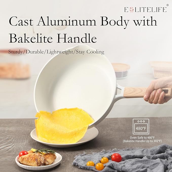 ESLITE LIFE Nonstick Ceramic Frying Pan Skillet with Lid, Non-Toxic Egg Omelette Kitchen Cooking Pans Compatible with All Stovetops (Gas, Electric & Induction), PTFE & PFOA Free (White, 8" w/Lid)