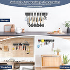 17 inch magnetic knife holder with 10 hooks, No Drilling black knife magnetic strip and utensil hanger for wall, Powerful knife magnet rack include tape and screws