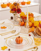 bUCLA 300Pcs Clear Gold Plastic Disposable Dinnerware Set - Clear Plates with Gold Trim Include 50 Dinner / 50 Dessert Plates,50 Cups,150 Plastic Silverware Set for Party, Fall & Thanksgiving
