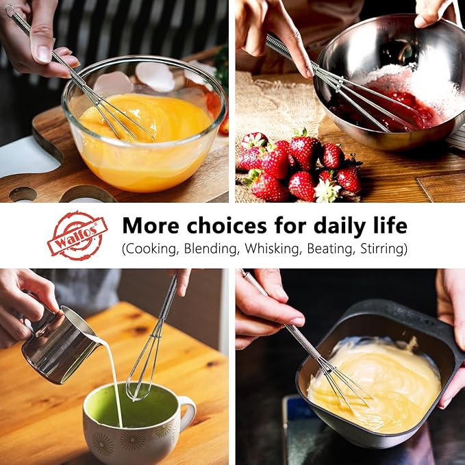 Walfos Mini Whisks Stainless Steel, Small Whisk 2 Pieces, 5in and 7in Tiny Whisk for Whisking, Beating, Blending Ingredients, Mixing Sauces