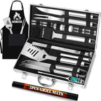 ROMANTICIST 26pcs Stainless Steel Grill Tool Set, Heavy Duty BBQ Grilling Accessories Gifts for Men Dad, Non-Slip Grill Utensils Kit with Apron, Thermometer, Mats in Aluminum Case for Christmas Silver