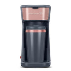 Holstein Housewares Personal Coffee Maker with 14oz Travel Mug – Compact One-Touch Brew Machine with Reusable Filter, Auto Shut-Off, Non-Stick Plate, Ideal for Home, Office, or Dorm. Rose Gold & Grey