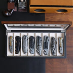 Knife Display Case Organizer storage 8 pocket knives, Folding Knife Holder with Real Glass Window Top， Pocket knife collection box for men gift (Walnut Veneer 8 slot)