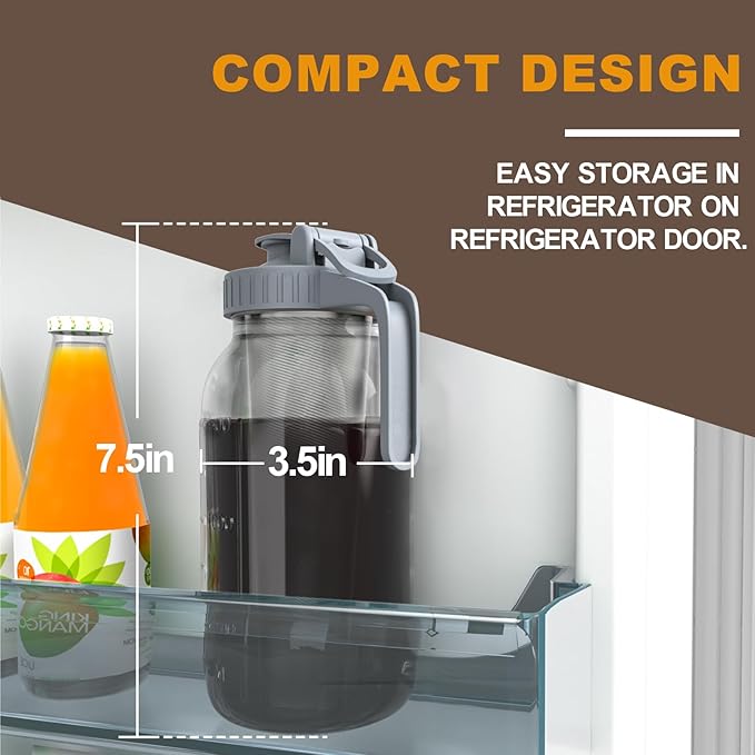 Cold Brew Coffee Maker Pitcher, 32 oz Thick Glass Mason Jar Spout Lid with Handle & Stainless Steel Filter for Iced Brew Coffee, Ice Lemonade, Sun Tea, Fruit Drinks Container