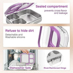 Stainless Steel Lunch Box: Metal Bento Box for Kids Adults - 3 Compartments Leak-Proof Lunch Box, Purple
