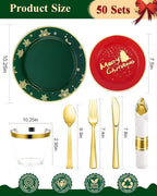 Goodluck 350 Piece Christmas Plates Sets for 50 Guests, Christmas Tableware Disposable for Party, Include 100Plates, 50Pack Pre Rolled Napkins with Silverware, 50Cups for Party, Wedding, Graduation