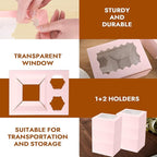 Pink 10 Packs cajas para postres and Cupcake Box 3 Holes Fit 2 Cupcakes and 1 Mini Cake Box with Clear Window and Stickers for Wedding Birthday Party Bakery pastry boxes(Pink, 1+2(10Pack))