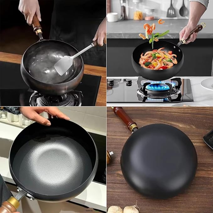 Jinswhdre Cast Iron Skillet, 9.5/11in Jinswhdre Japanese Irons Pan, Hand Forged Uncoated Iron Pan with Lid Spatula, Non-stick Wok for Cooker Gas Stir Fry Pans Durable and Rust-Free (Glass Lid,10.2in)
