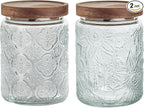 24 OZ/2 PCS Glass Storage Jar with Airtight Bamboo Wooden Lids, Vintage Food Containers Canisters Sets for Kitchen Counter Pantry, Sugar, Flour, Candy, Tea, Coffee Beans, Oats, Grain Bin, Pasta,