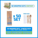 Disposable Wooden Cutlery Set - 100% Home Compostable - Wooden Utensils, Eco-Friendly, Organic, Sustainable and Carbon Neutral Certified - Fork, Knife, Spoon & Napkin - 150