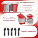 FORBFAN 8 oz Mini Disposable Cake Pans with Lids, 150 Pack Aluminum Foil Square Baking Cups with Spoons, Disposable Baking Cake Tins Red