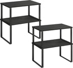 SONGMICS Cabinet Organizer Shelf, Set of 4 Kitchen Counter Shelves, Kitchen Storage, Spice Rack, Stackable, Expandable, Metal and Engineered Wood, Ink Black and Ebony Black UKCS027B01